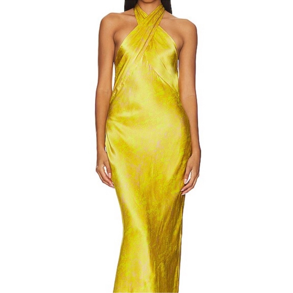 L’AGENCE Yellow Snakemon Silk-Charmeuse Halterneck Maxi Dress – Size 6 NWT